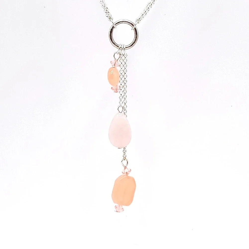 Bill Blass Double Strand Necklace‎ Pink Bead Signed Silver